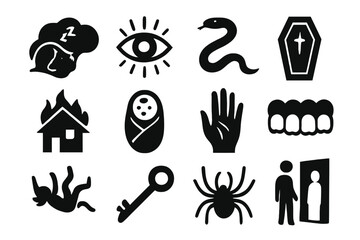 Collection of dark symbols featuring snake, eye, spider, and key