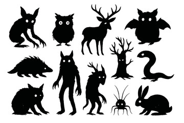 Silhouette collection of mythical creatures and animals with eerie glow