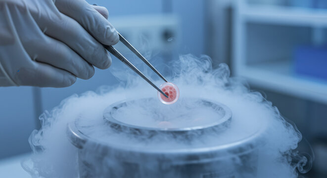 Close-up of Gloved Hand Holding Oocyte Over Cryopreservation Equipment
