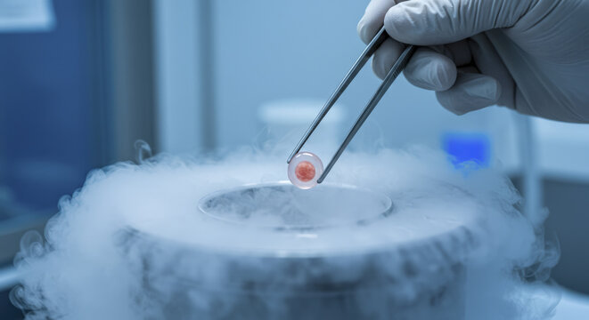 Hand with Glove Using Tweezers Holds Egg Cell Over Container with Liquid Nitrogen and Smoke
