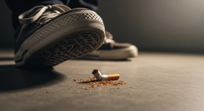Foot Crushing Cigarette Butt with cinematic light for World No-Tobacco Day