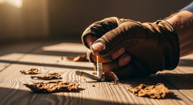 Hand wearing leather glove crushing a cigarette on wood surface for World No-Tobacco Day
