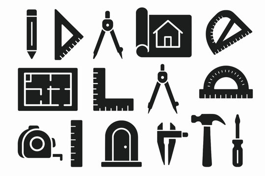 Collection of black architectural tool icons including compass, ruler, and protractor designs