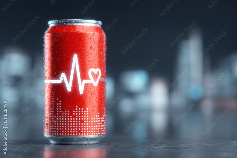 Poster vibrant 3d representation of an energy drink can featuring a heartbeat pulse icon in a modern urban 