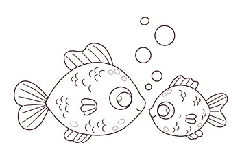 Outline Cute Big and little Fish with bubbles. Mom and baby cartoon animal. Line drawing, coloring book. Vector illustration. Kids collection