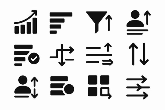 Set of black and white business icons: graphs, filters, and arrows