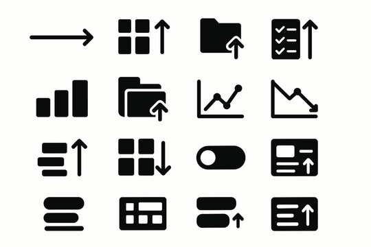 Data icons set: arrows, graphs, and folders