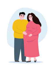Couple expecting a child. Husband cares, hugs pregnant wife. Vector flat graphics.