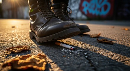 A boot poised to crush a cigarette butt for World No-Tobacco Day