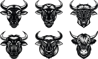 black Set of vector black silhouettes of bull icon isolated a white background, 
