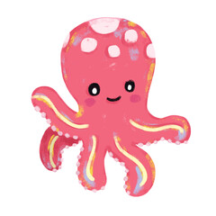 Cute hand drawn red pink octopus doodle sea ocean beach animals illustration kids seafood sand summer season clipart crayon watercolour sticker design