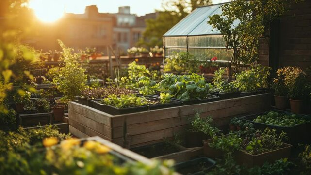 A thriving rooftop farm with raised wooden garden beds and diverse leafy vegetables under the evening sun, highlighting urban sustainability and self-sufficient food production.