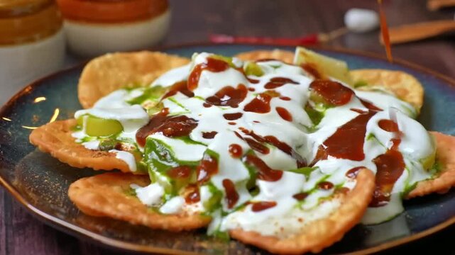Papri chat Papdi chaat, crispy fried dough wafers topped with tangy tamarind, yogurt, spices, and chutneys &mdash; a popular Indian street snack, perfect for festive meals, appetizers, and vibrant food.