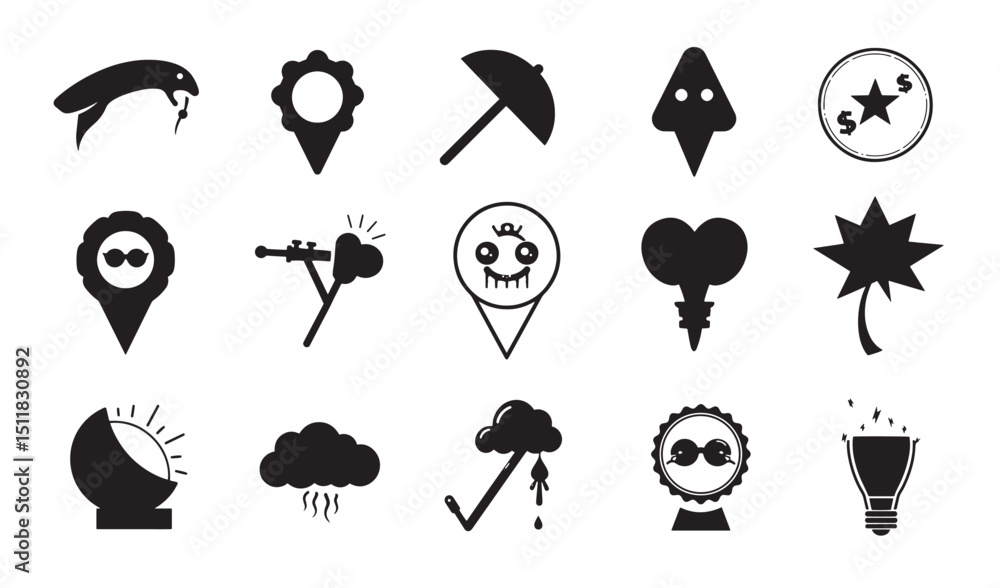 Poster black icon set illustrating various concepts and elements in a simple minimalist style