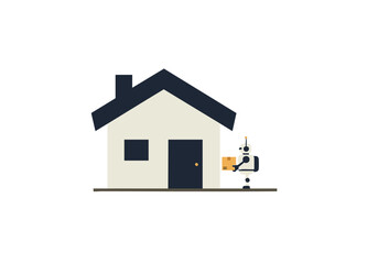 A friendly robot delivers a package to a simple house. Modern, flat design illustration. Perfect for delivery services and technology concepts.