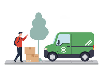 A man points to a delivery van at a delivery hub. Modern illustration, vibrant colors, showcasing logistics and delivery services. Suitable for business and e-commerce visuals.