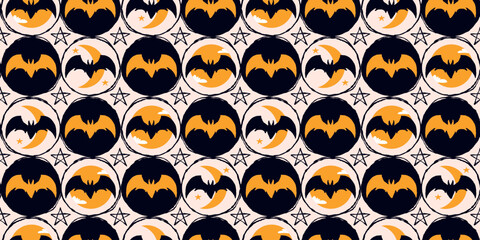 Halloween Pattern with Orange and Black Bat Silhouettes in Circle Grid on White Background. Simple and spooky moonlight bats with stars perfect for print, web, fashion, cards, wrapping paper