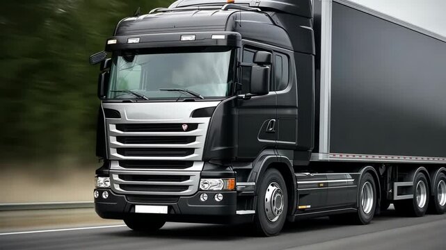 Large black truck driving on highway near city during bright sunny day, showcasing robust design and efficient performance in transportation environment
