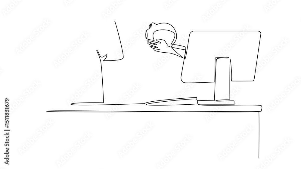 Poster self drawing animation of continuous line drawing hands out of the monitor screen while holding pigg