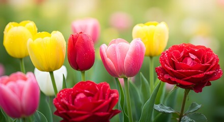 Fototapeta premium Vibrant Tulips and Roses in a Spring Garden A Stunning Floral Display
