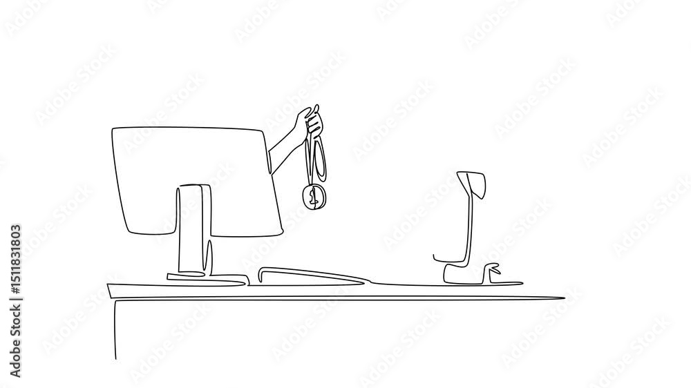 Poster animated self drawing of single continuous line drawing hands out of monitor screen while holding a 