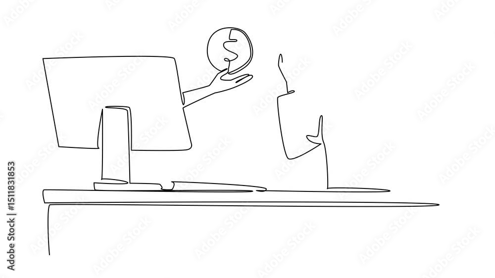 Poster animated self drawing of continuous one line drawing hands out of the monitor screen while holding a