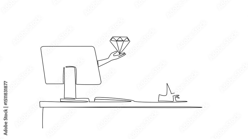 Poster self drawing animation of continuous one line drawing hands out of monitor screen while holding diam