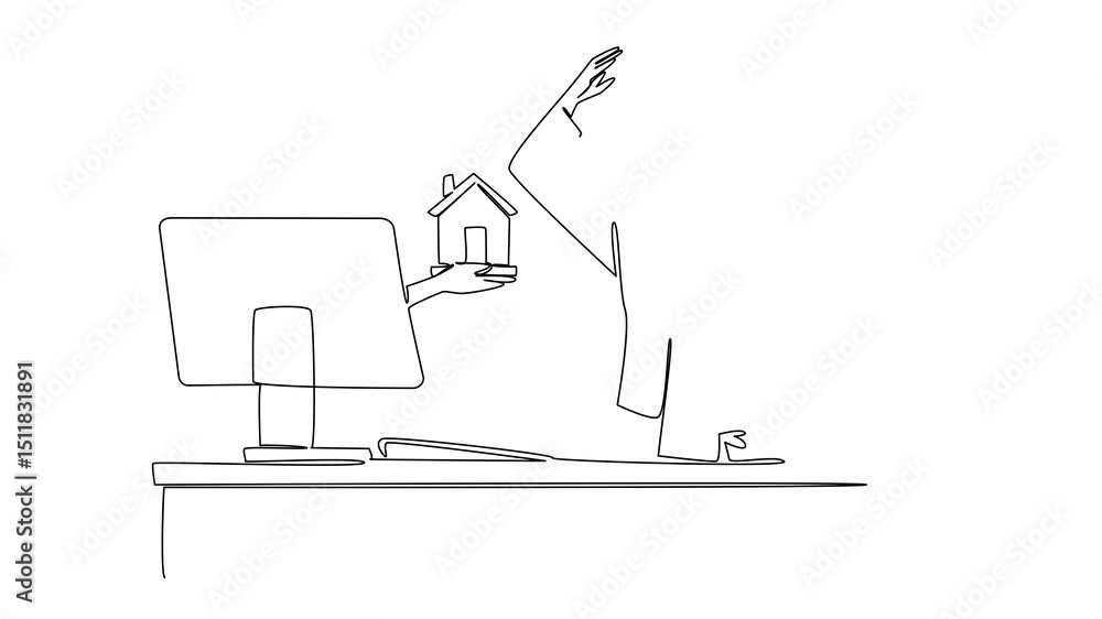 Poster animation of single continuous line drawing hands out of the monitor screen while holding a miniatur