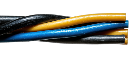 Close-up of intertwined electrical wires with black, yellow, and blue insulation