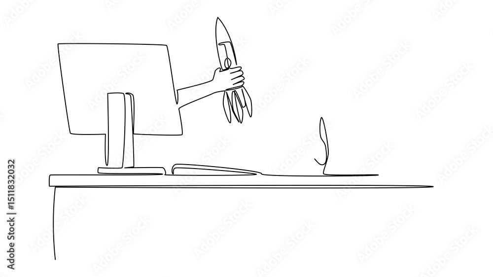 Poster animation of single continuous line drawing hands out of the monitor screen while holding a rocket. 