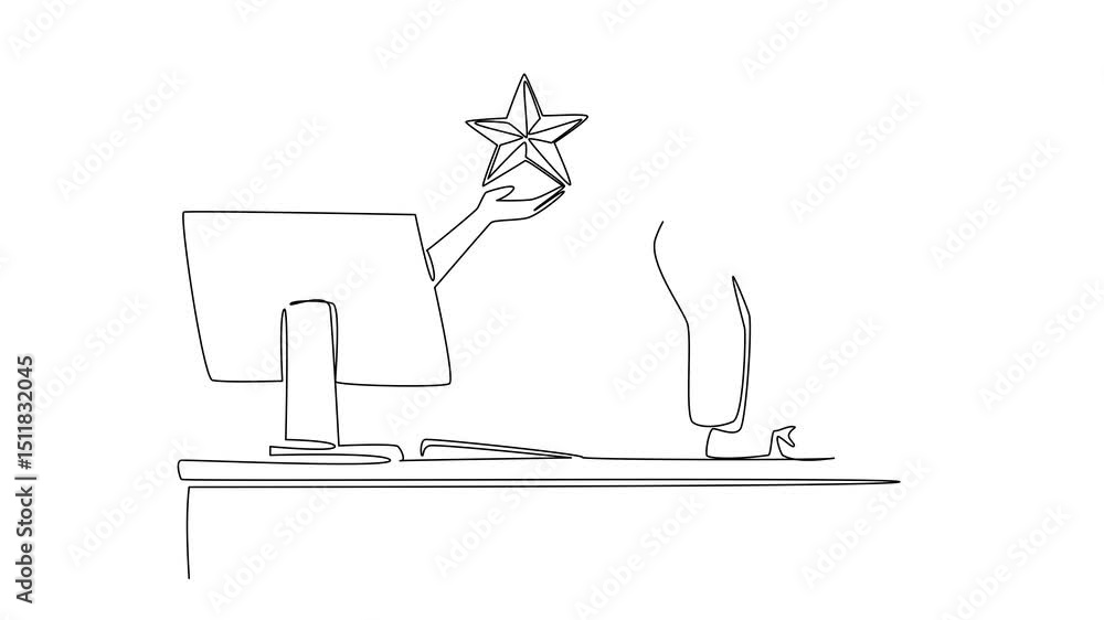 Poster self drawing animation of single continuous line drawing hands out of monitor screen while holding a