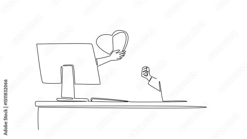 Poster animated self drawing of one line drawing hands out of the monitor screen while holding a love. the 