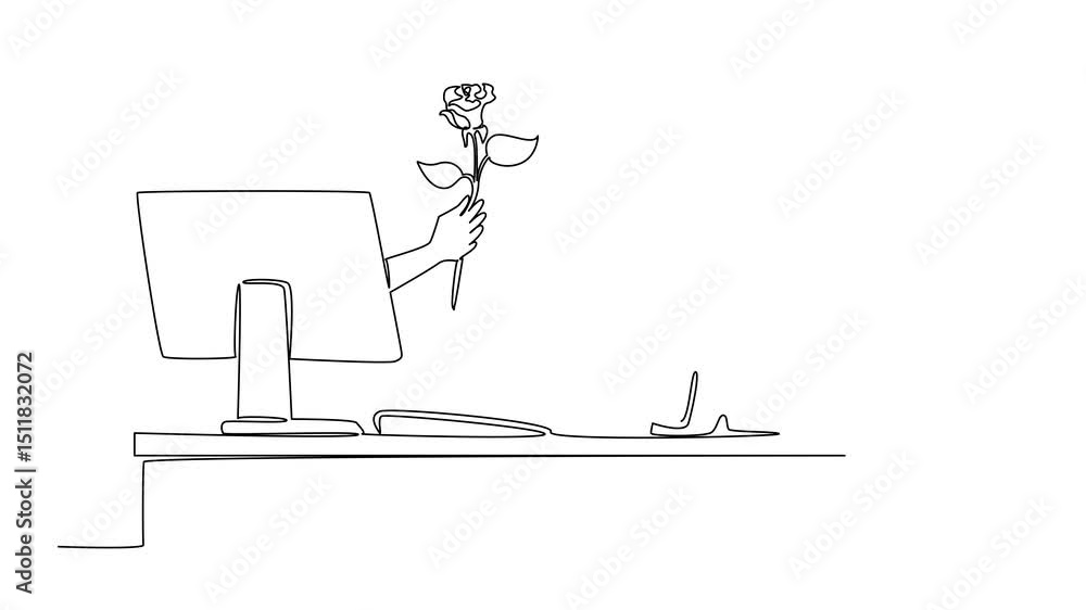 Aufkleber animation of continuous line drawing hands out of the monitor screen while holding rose flower. danc