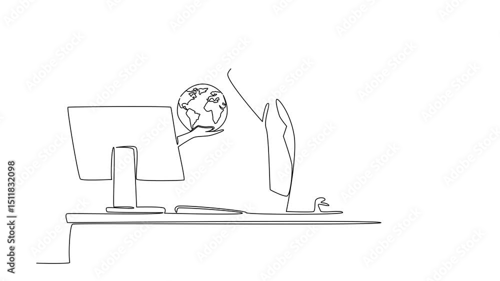 Poster animated self drawing of single one line drawing hands out of monitor screen while holding a globe. 
