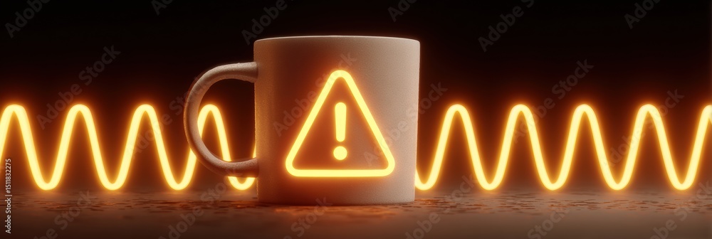 Poster overflowing coffee mug with warning lights and jitter lines creates an alert and engaging visual exp