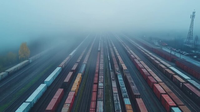 Freight train cars in a marshalling yard under a thick fog, aerial view