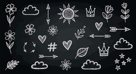 Seamless vector pattern with hand-drawn flower icons and chalk sketch symbols