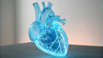 Glowing blue glass human heart anatomy model