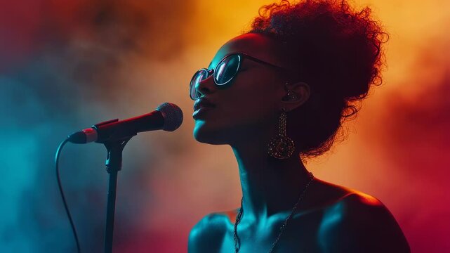 Captivating female singer performing live on stage with a vintage microphone