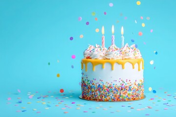 A vibrant cake topped with frosting, three lit candles, and colorful sprinkles sits against a bright blue backdrop. Colorful confetti falls around the cake, enhancing the festive atmosphere.