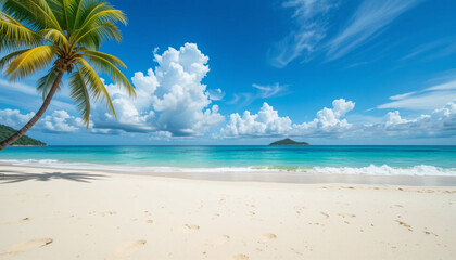 Relaxing Beach Scene with Palm Tree, White Sand and Turquoise Water