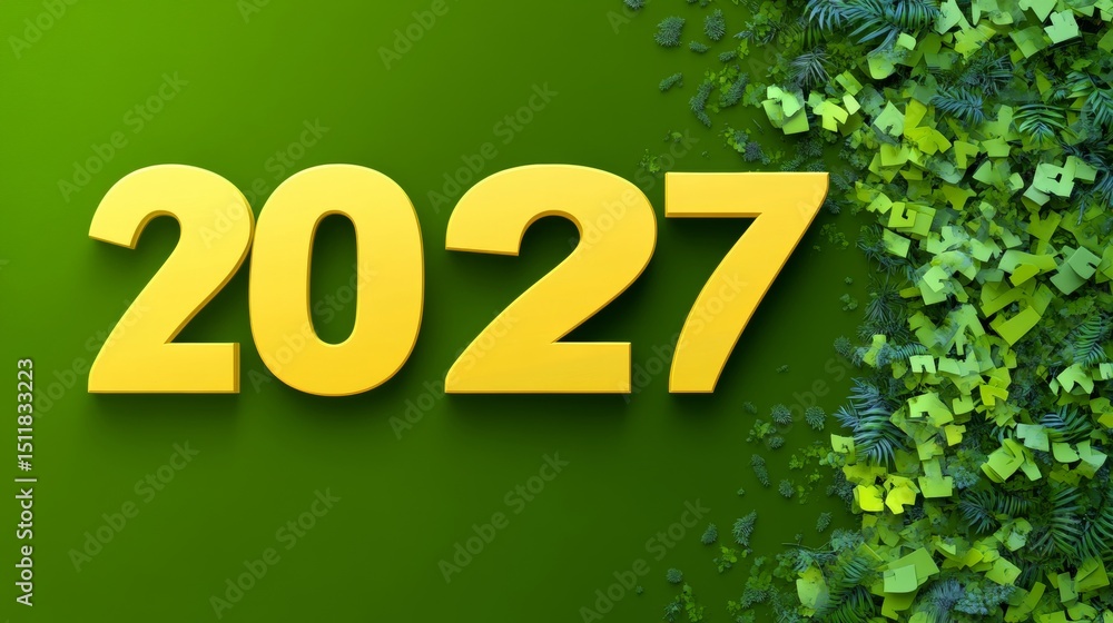 Poster Green Background With The Number 2027 For New Year Concepts And Environmental Design, 3D Rendering