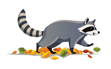 Playful Raccoon Walking Through Autumn Leaves