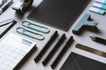 Black and white back to school, office supply  flat lay