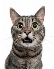 Obraz premium Angry and surprised cat isolated on white background with a funny and excited expression 