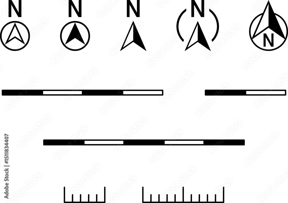 Poster basic black round north mark arrow sign symbol in circle and scale icon and linear or bar scale cart