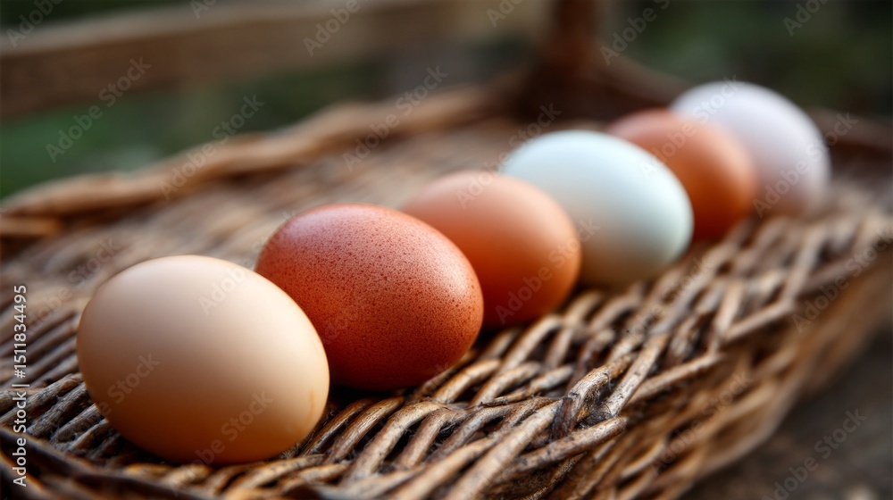 Poster a collection of fresh eggs in a wicker basket displays an array of colors, from light beige to blue 