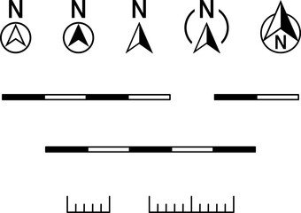 Basic Black Round North Mark Arrow Sign Symbol in Circle and Scale Icon and Linear or Bar Scale Cartography Set for Map or Site Plan Orientation. Vector Image.