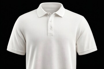 A plain white polo shirt is presented against a black background. The shirt features a classic collar and three buttons, suitable for both casual outings and semi-formal events.