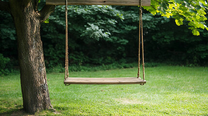 Children's wooden swing set in a sunny garden park with grass and trees